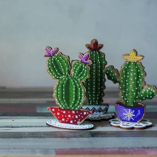 Wonderland Crafts Cactus in Red Bowl Bead Embroidery on Wood Kit